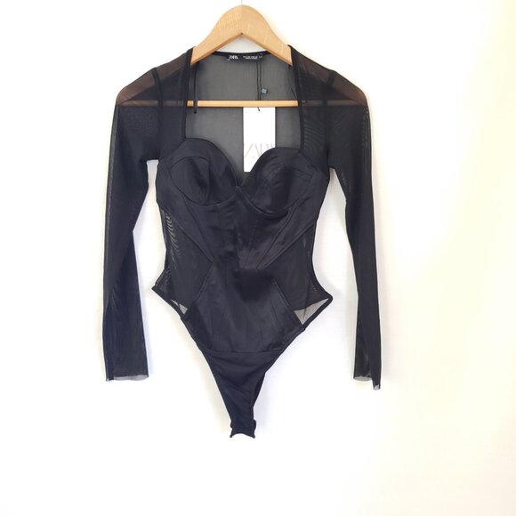 ZARA BLOGGERS FAVORITE SWEETHEART NECKLINE SHEER MESH BODYSUIT Size Small - Picture 5 of 5